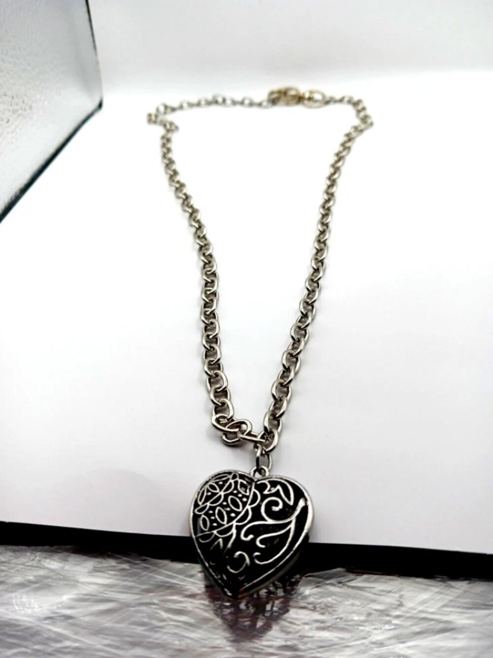 Gothic Black + Silver Heart Pendant with Chain 21Inches Long